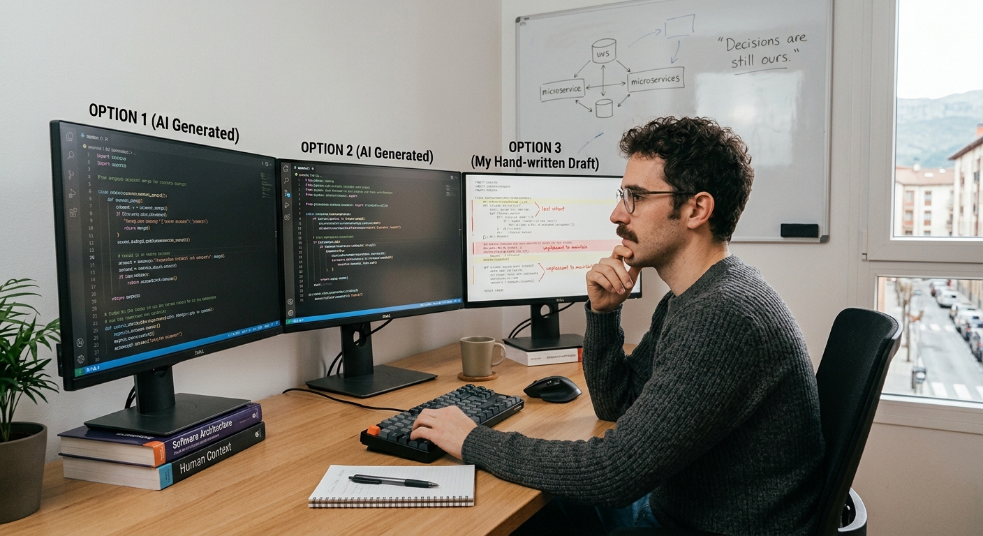 Three versions of the same code side by side: two AI-generated and one hand-written draft